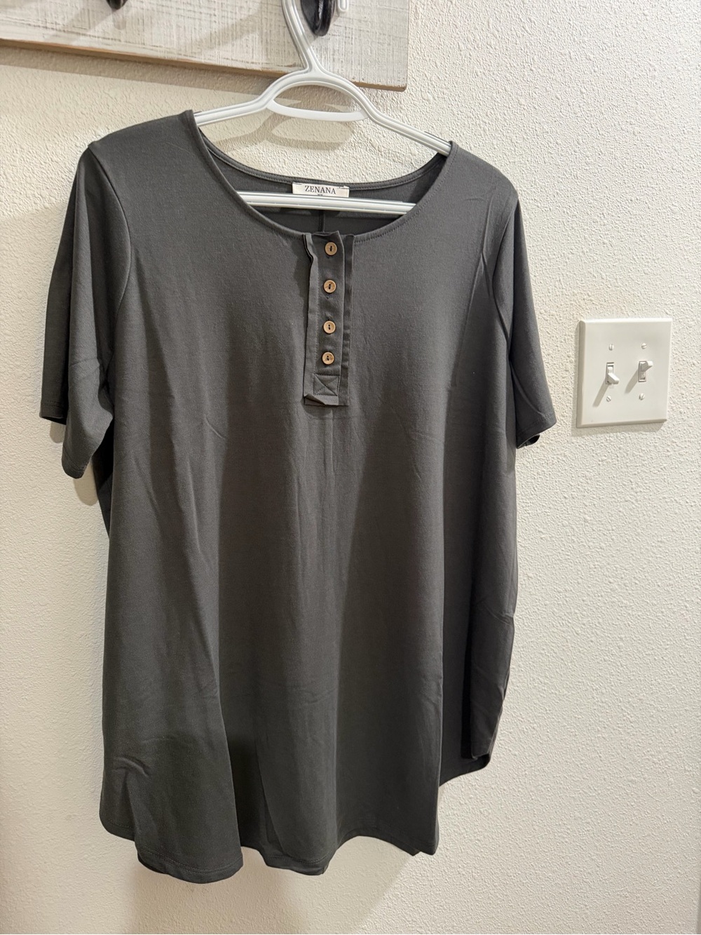 Zenana Outfitters Short Sleeve Lightweight Henley in Charcoal -Soft fabric - New